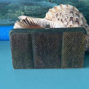 Vintage 1980’s Green Tones Snakeskin Clutch Handbag Suede Lining